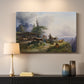 Canvas art print detailing a realistic countryside composition with farm and terrain, mounted in a softly lit interior space