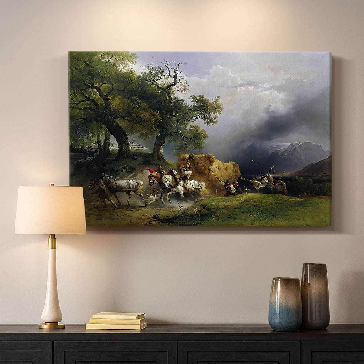 Canvas art print detailing a realistic farm activity scene, mounted in a softly lit interior space