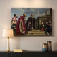 Canvas art print detailing a group scene with richly dressed figures honoring holy relic, mounted in a softly lit interior space