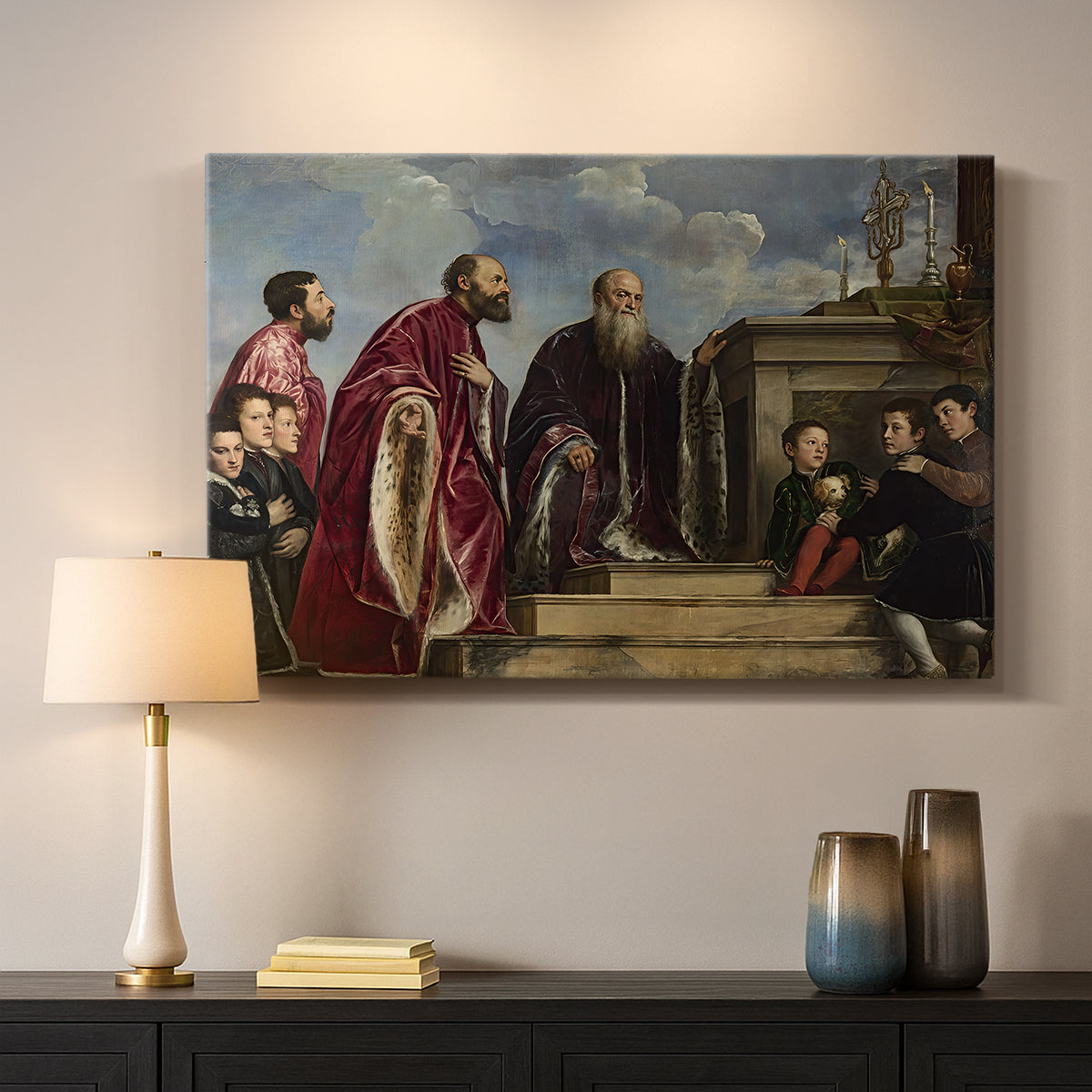 Canvas art print detailing a group scene with richly dressed figures honoring holy relic, mounted in a softly lit interior space