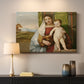 Canvas art print detailing a devotional image with seated woman and infant in quiet outdoor scene, mounted in a softly lit interior space