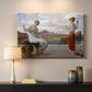 Canvas art print detailing an elegant composition of women performing domestic task, mounted in a softly lit interior space