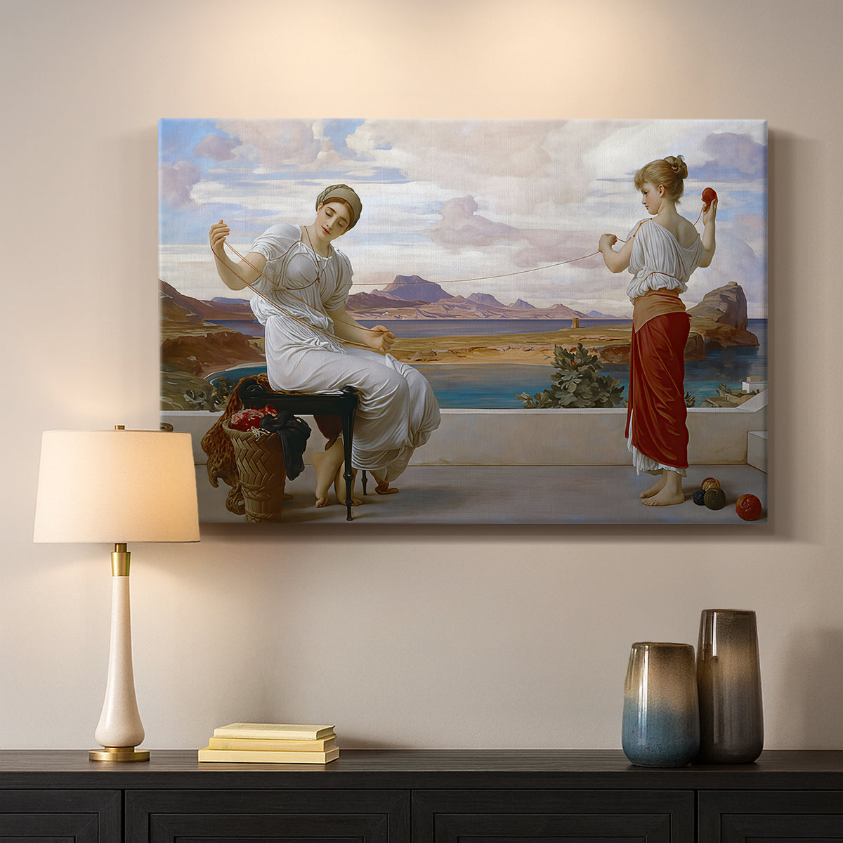 Canvas art print detailing an elegant composition of women performing domestic task, mounted in a softly lit interior space