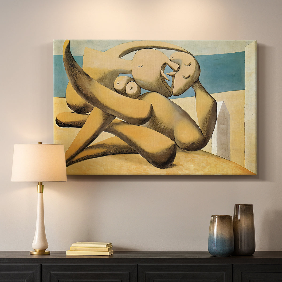 Canvas art print detailing a stylized scene of figures merged through angular shapes, mounted in a softly lit interior space