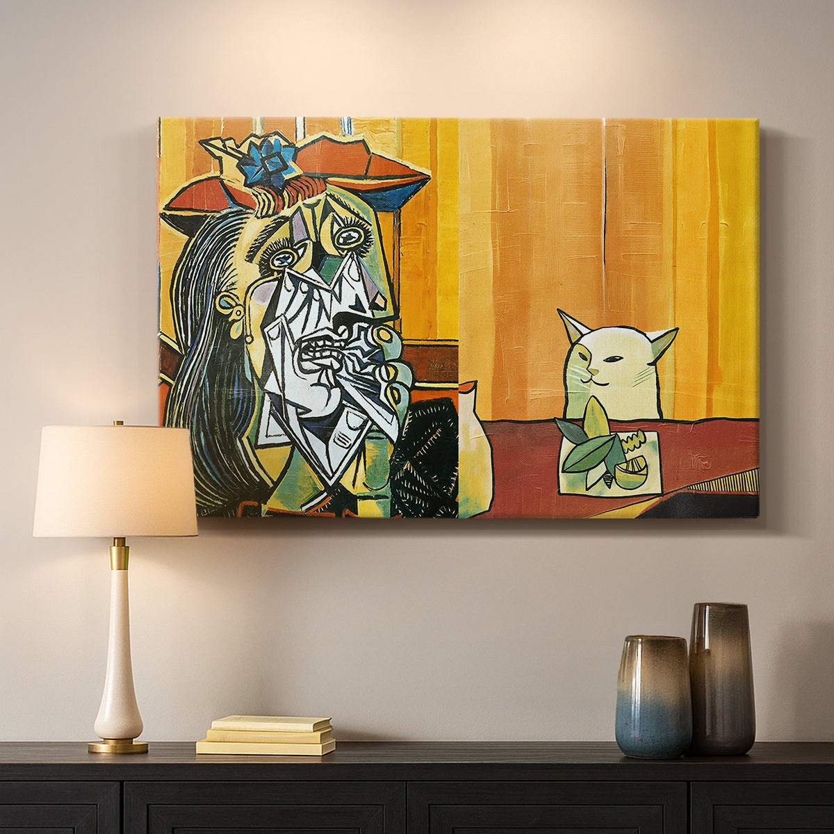 Canvas art print detailing a contemporary expressive scene, mounted in a softly lit interior space