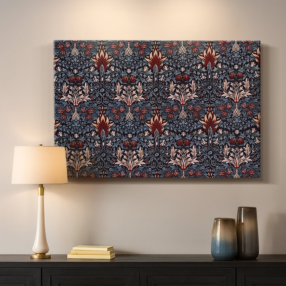 Canvas art print detailing a structured botanical motif with repeating curved shapes, mounted in a softly lit interior space