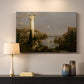 Canvas art print detailing a final stage of civilization reduced to ruins and nature, mounted in a softly lit interior space