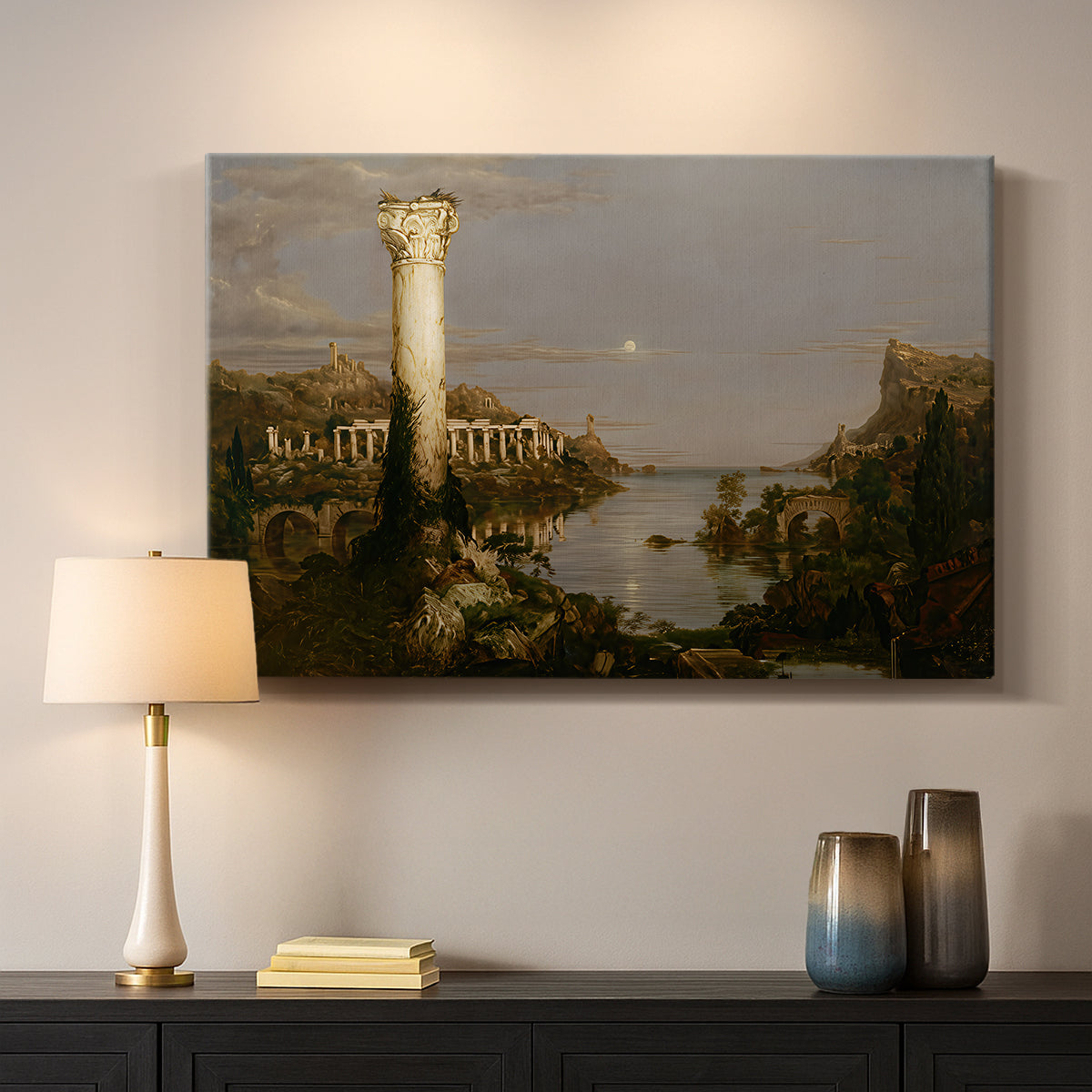 Canvas art print detailing a final stage of civilization reduced to ruins and nature, mounted in a softly lit interior space