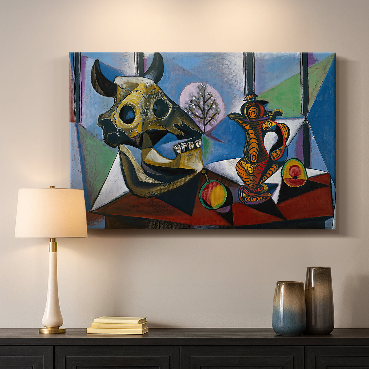 Canvas art print detailing a stylized still life emphasizing structure, mounted in a softly lit interior space