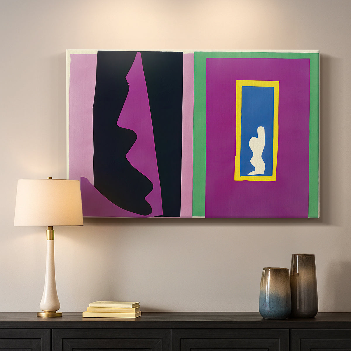 Canvas art print detailing an abstract composition emphasizing movement and form, mounted in a softly lit interior space