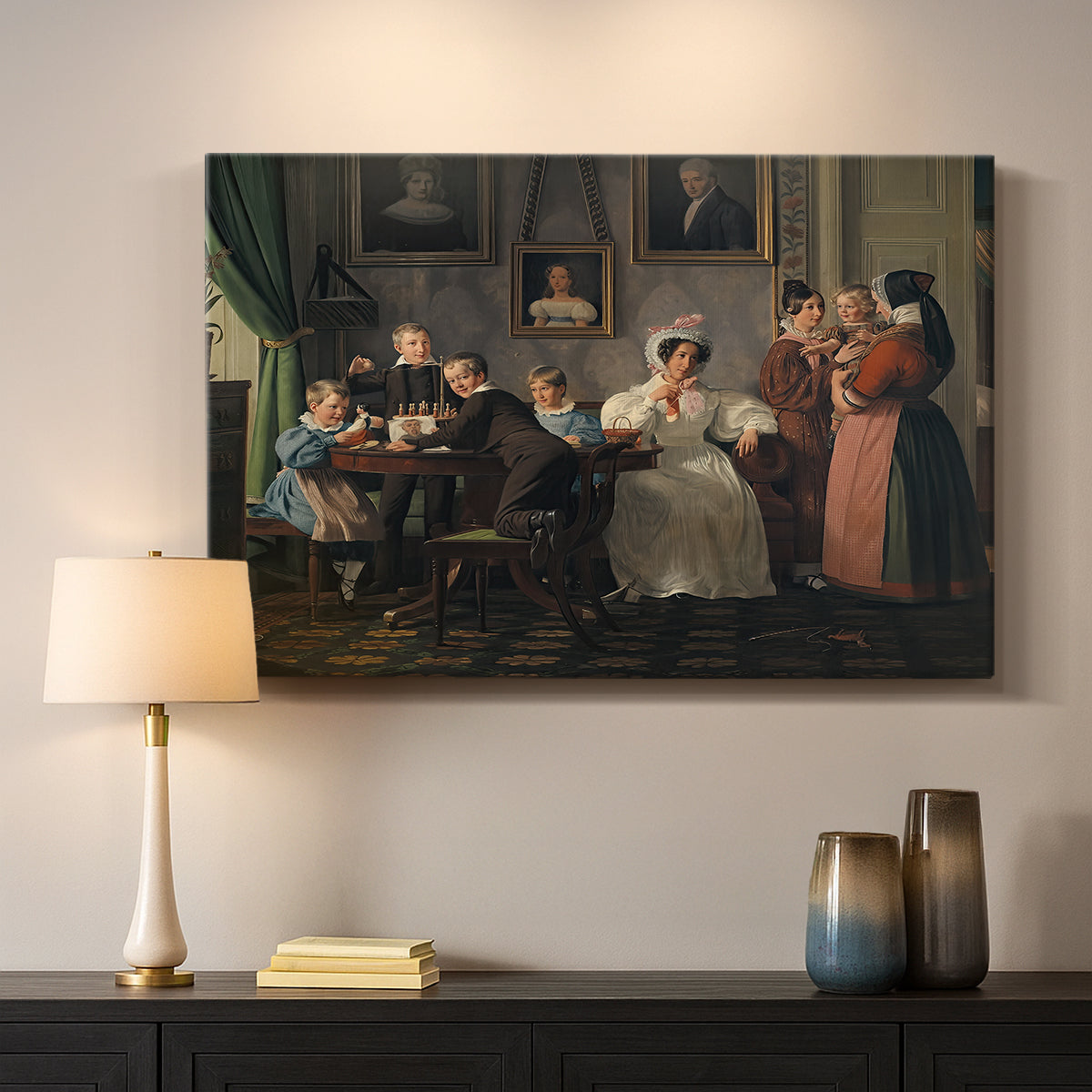 Canvas art print detailing an interior group portrait with seated and standing figures, mounted in a softly lit interior space