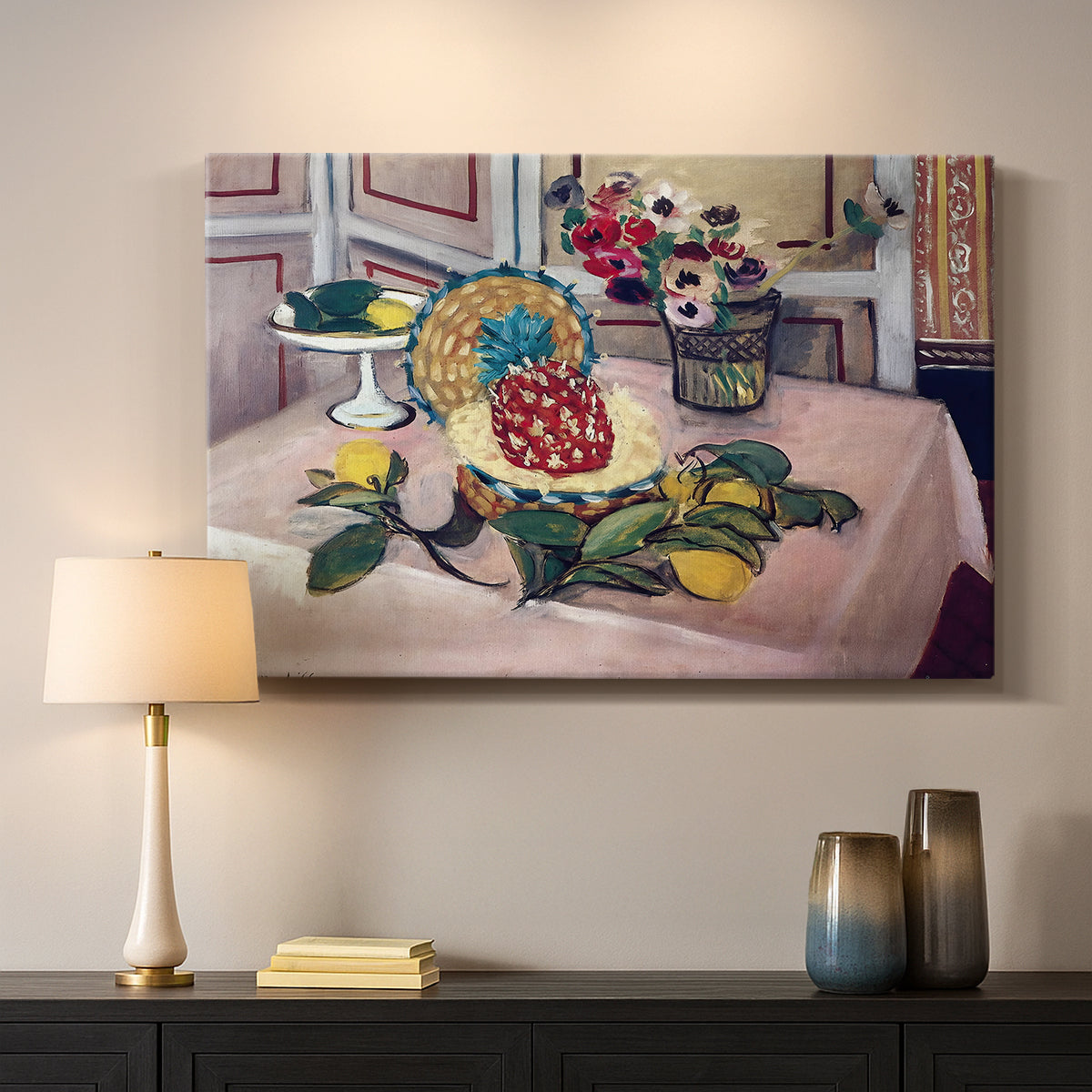 Canvas art print detailing a stylized composition centered on pineapple and lemons, mounted in a softly lit interior space