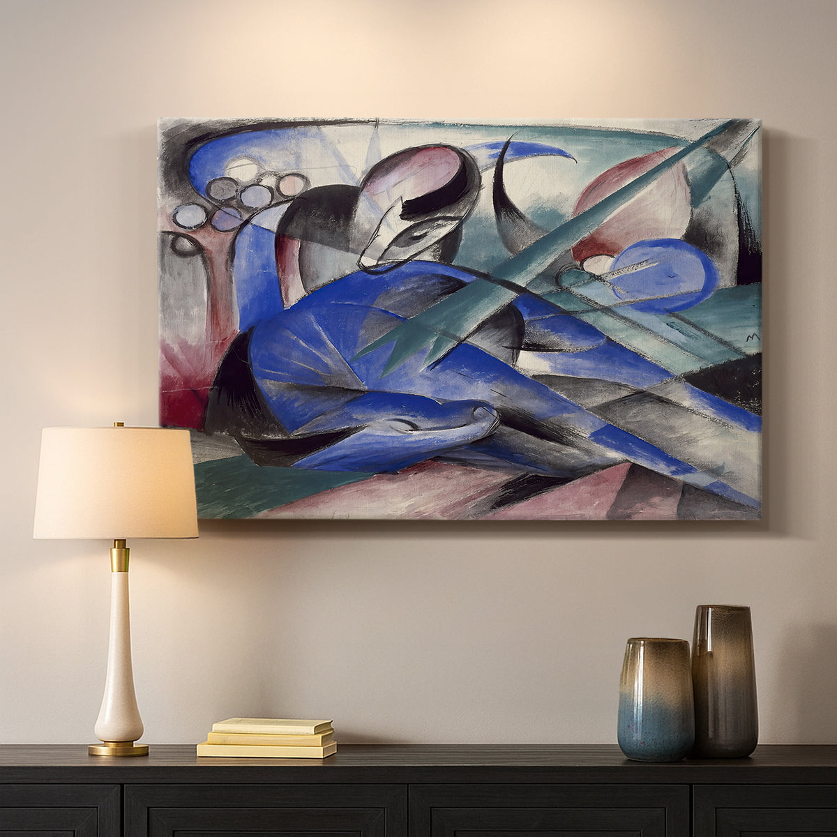Canvas art print detailing a modern depiction of horse blending into colorful surroundings, mounted in a softly lit interior space