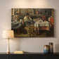 Canvas art print detailing an everyday life scene centered around communal meal, mounted in a softly lit interior space