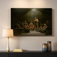 Canvas art print detailing a traditional devotional scene of community worship inside farmhouse, mounted in a softly lit interior space