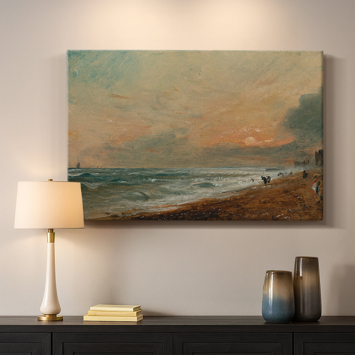 Canvas art print detailing a natural beach landscape with soft movement, mounted in a softly lit interior space