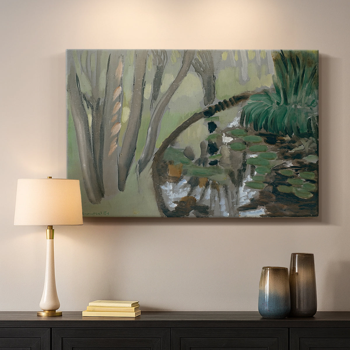 Canvas art print detailing a stylized landscape centered on water, mounted in a softly lit interior space
