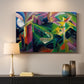 Canvas art print detailing a modern depiction of animals within patterned garden space, mounted in a softly lit interior space