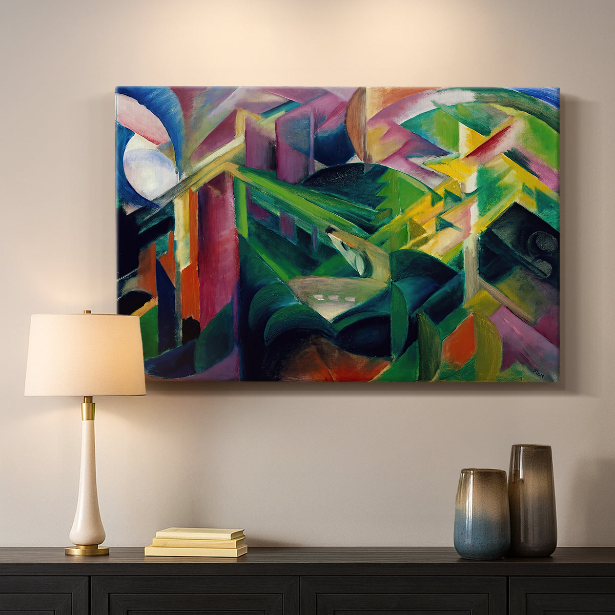 Canvas art print detailing a modern depiction of animals within patterned garden space, mounted in a softly lit interior space