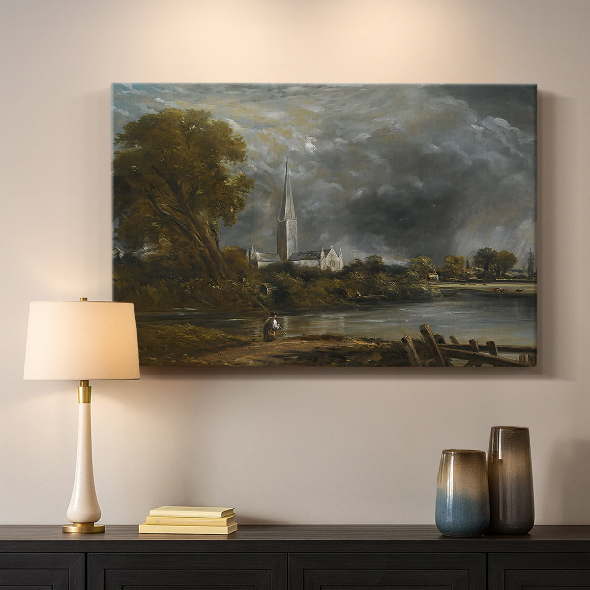 Canvas art print detailing a scenic composition with cathedral, mounted in a softly lit interior space