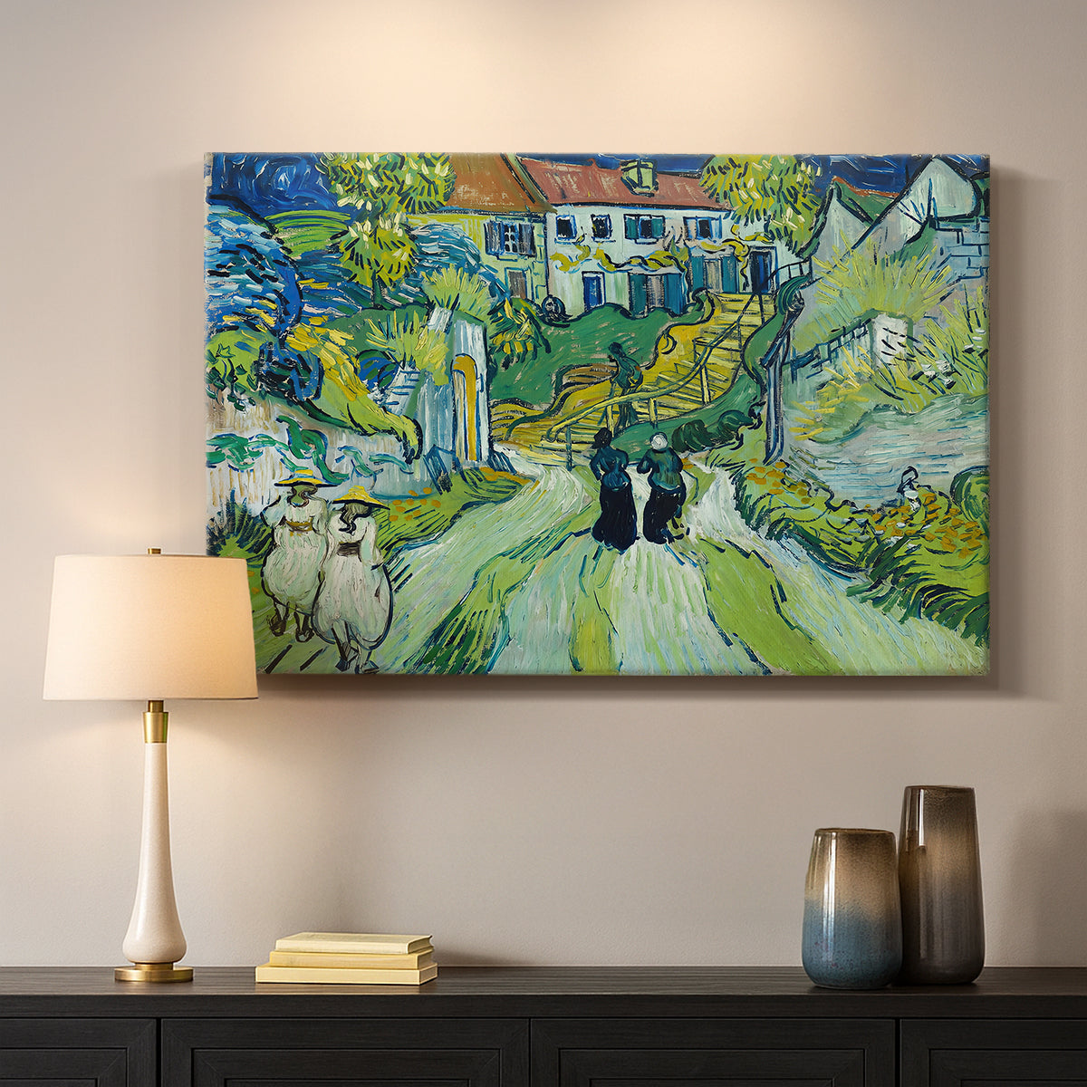 Canvas art print detailing a stylized cityscape with stairway and houses, mounted in a softly lit interior space