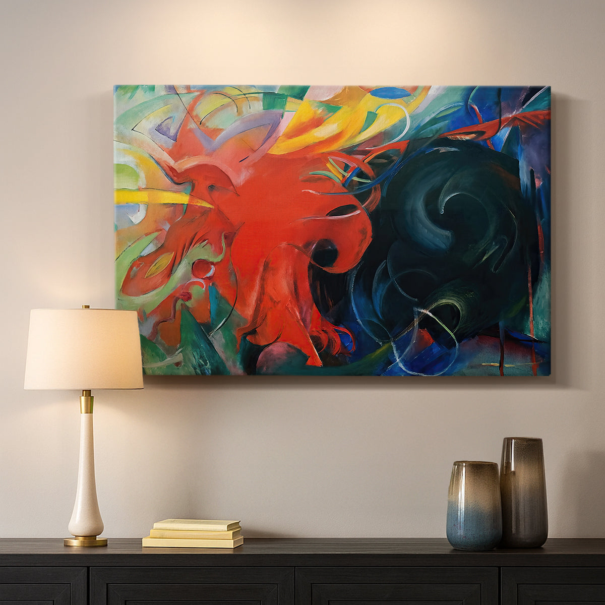 Canvas art print detailing a non-representational composition with swirling forms and contrast, mounted in a softly lit interior space