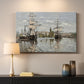 Canvas art print detailing a nautical landscape with vessels resting on calm water, mounted in a softly lit interior space