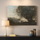 Canvas art print detailing a tranquil outdoor composition with dancing figures and lake, mounted in a softly lit interior space