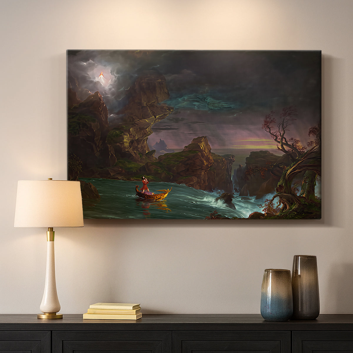 Canvas art print detailing a romantic composition emphasizing struggle and movement, mounted in a softly lit interior space
