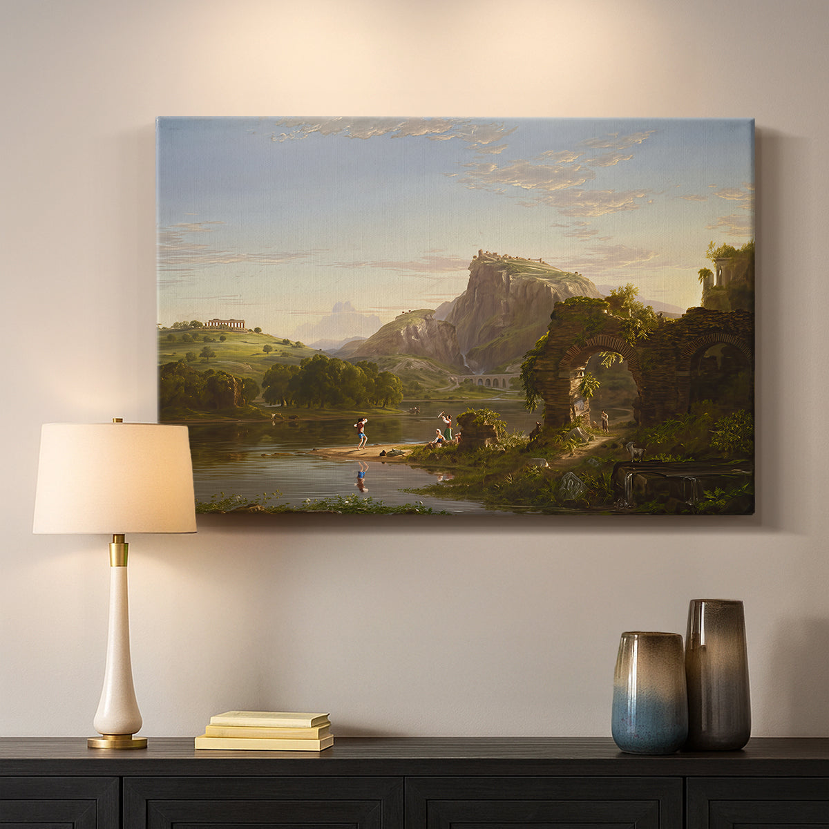 Canvas art print detailing an expressive countryside composition with balanced light, mounted in a softly lit interior space