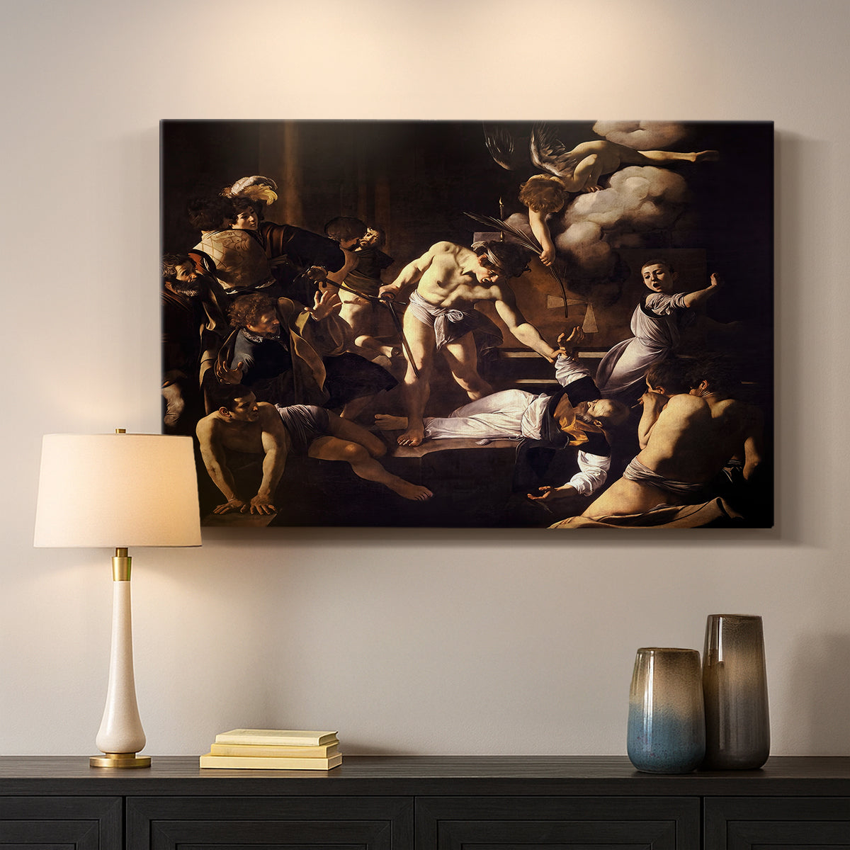 Canvas art print detailing a Baroque composition of movement and emotion during martyrdom, mounted in a softly lit interior space