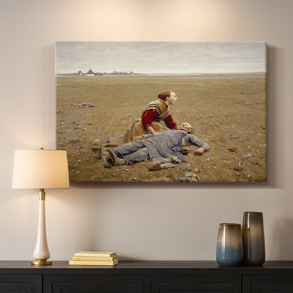 Canvas art print detailing a solitary figure collapsed in natural setting, mounted in a softly lit interior space