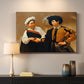 Canvas art print detailing a genre scene of fortune telling with subtle theft, mounted in a softly lit interior space