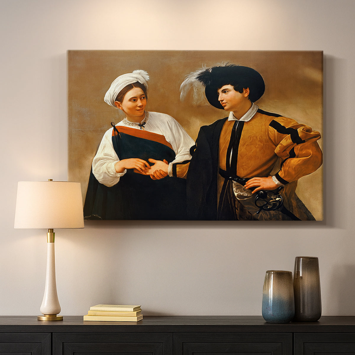 Canvas art print detailing a genre scene of fortune telling with subtle theft, mounted in a softly lit interior space