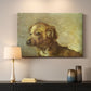 Canvas art print detailing a painterly depiction of seated dog, mounted in a softly lit interior space