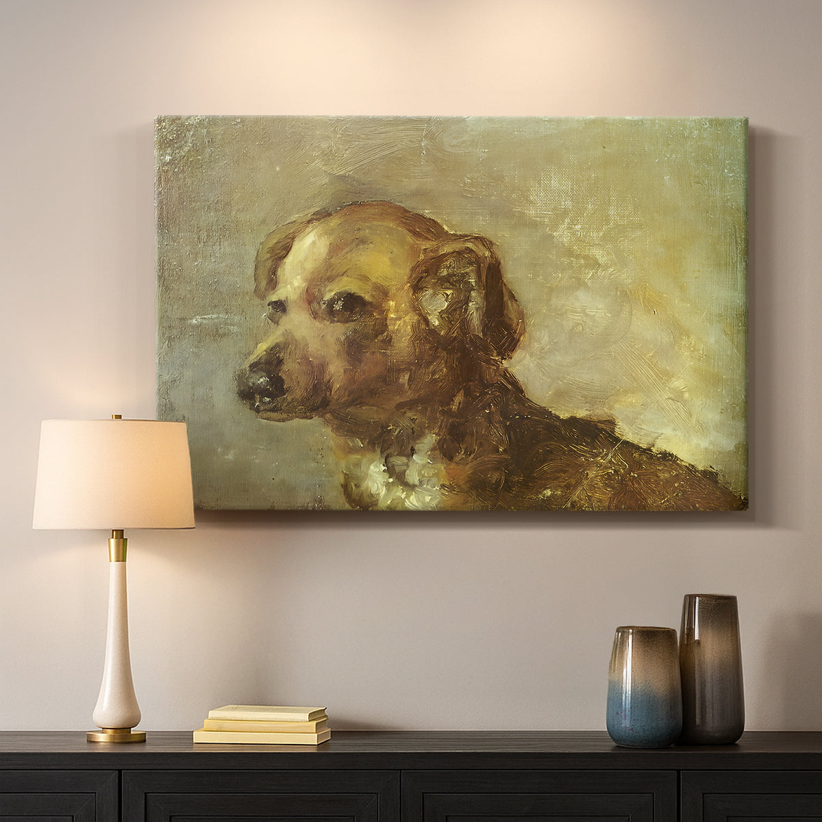 Canvas art print detailing a painterly depiction of seated dog, mounted in a softly lit interior space