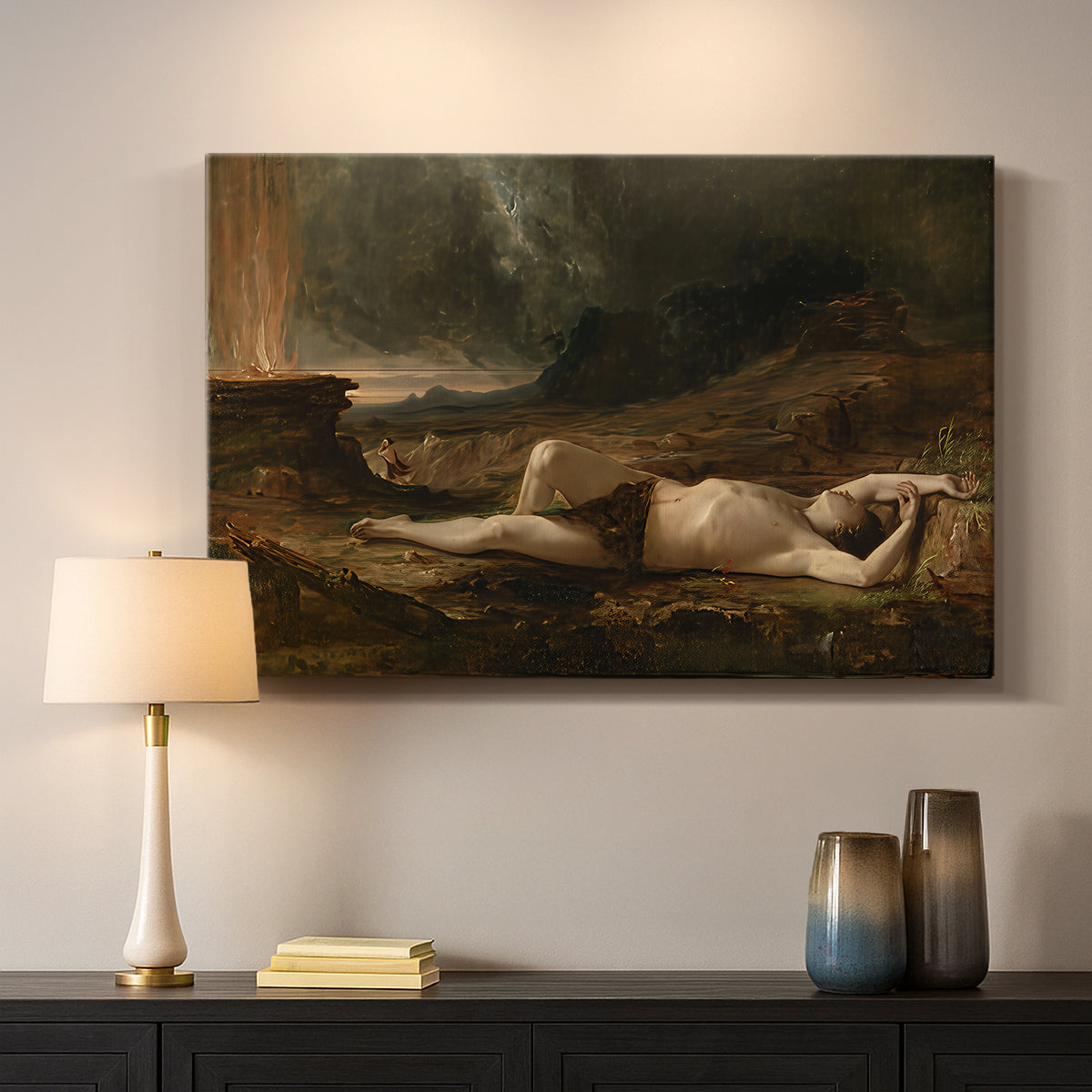 Canvas art print detailing a narrative landscape with solitary figure and muted tones, mounted in a softly lit interior space