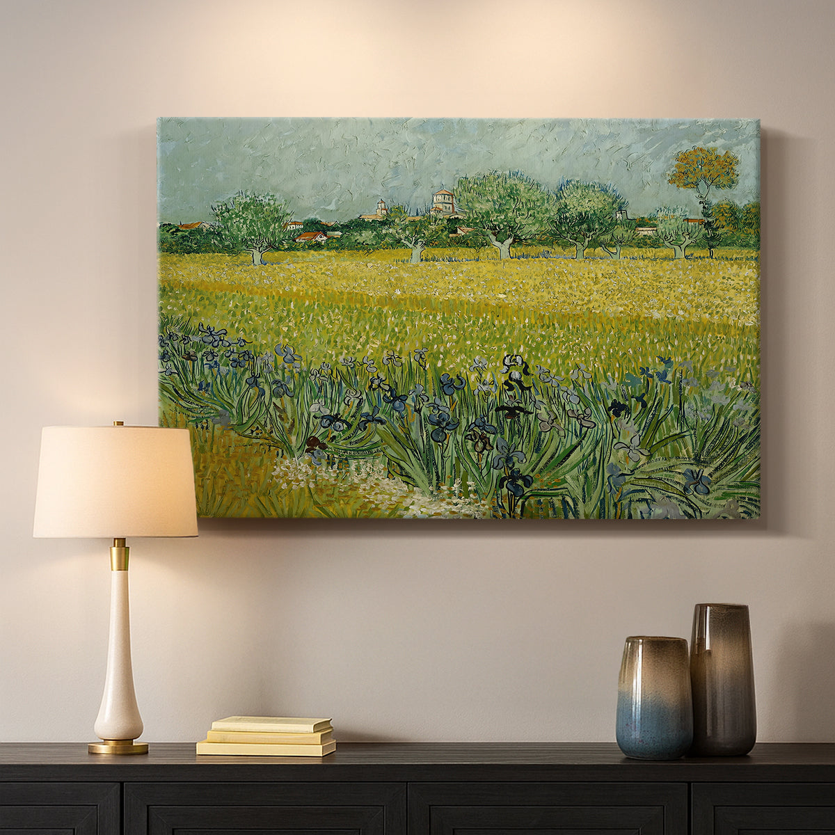 Canvas art print detailing a stylized composition emphasizing color and pattern, mounted in a softly lit interior space