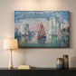 Canvas art print detailing a maritime landscape with harbor, mounted in a softly lit interior space