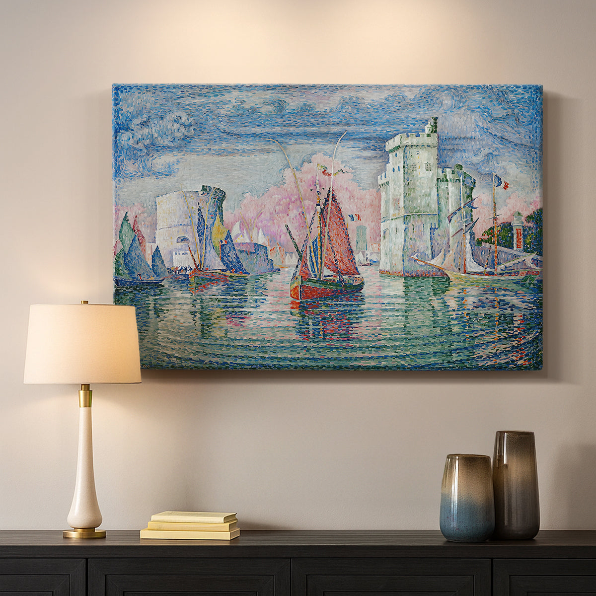 Canvas art print detailing a maritime landscape with harbor, mounted in a softly lit interior space