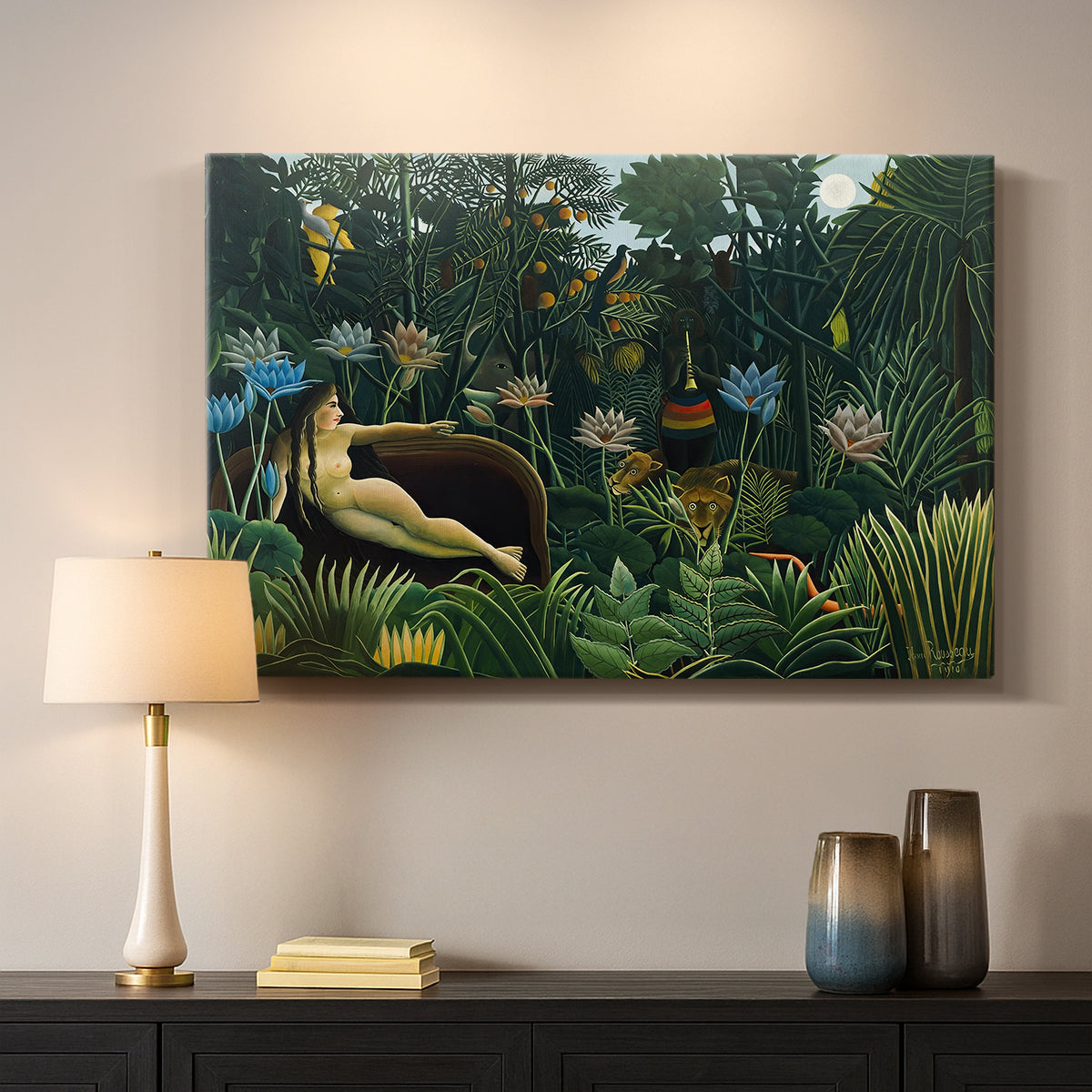 Canvas art print detailing a dreamlike setting with reclining woman in dense greenery, mounted in a softly lit interior space