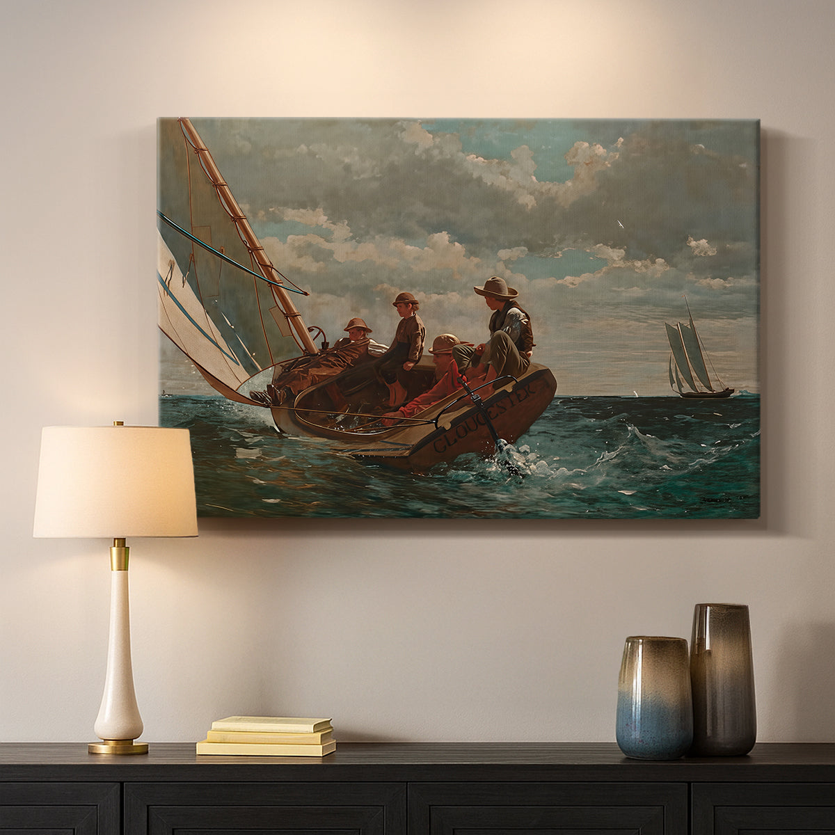 Canvas art print detailing a coastal water scene showing movement driven by wind, mounted in a softly lit interior space