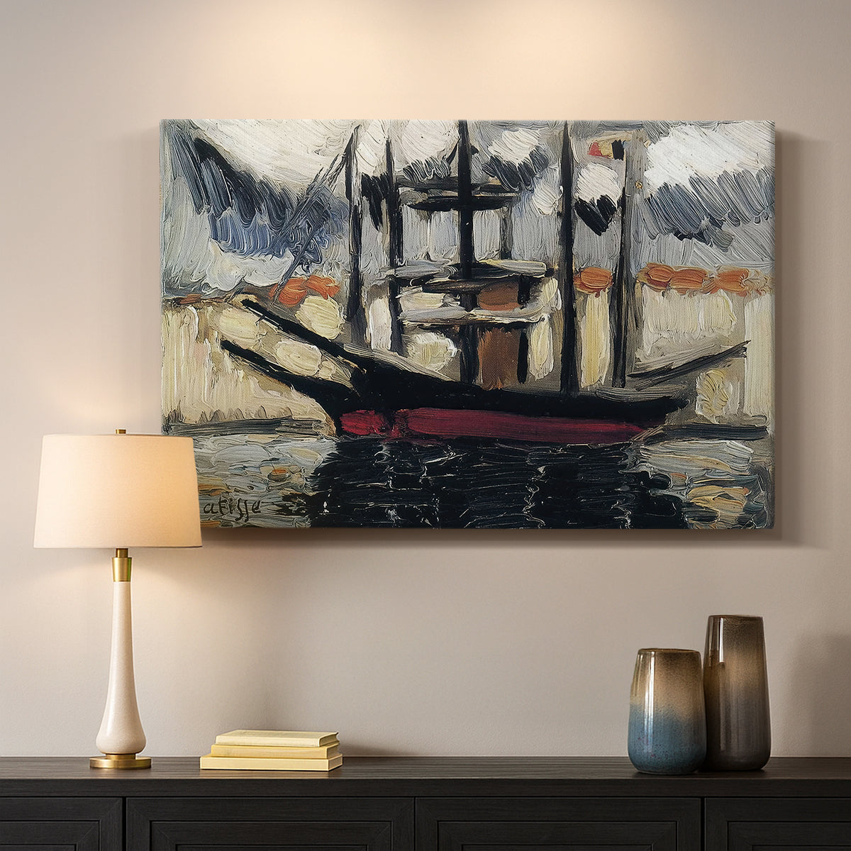 Canvas art print detailing a stylized nautical composition, mounted in a softly lit interior space