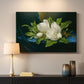 Canvas art print detailing a luminist still life highlighting flowers, mounted in a softly lit interior space
