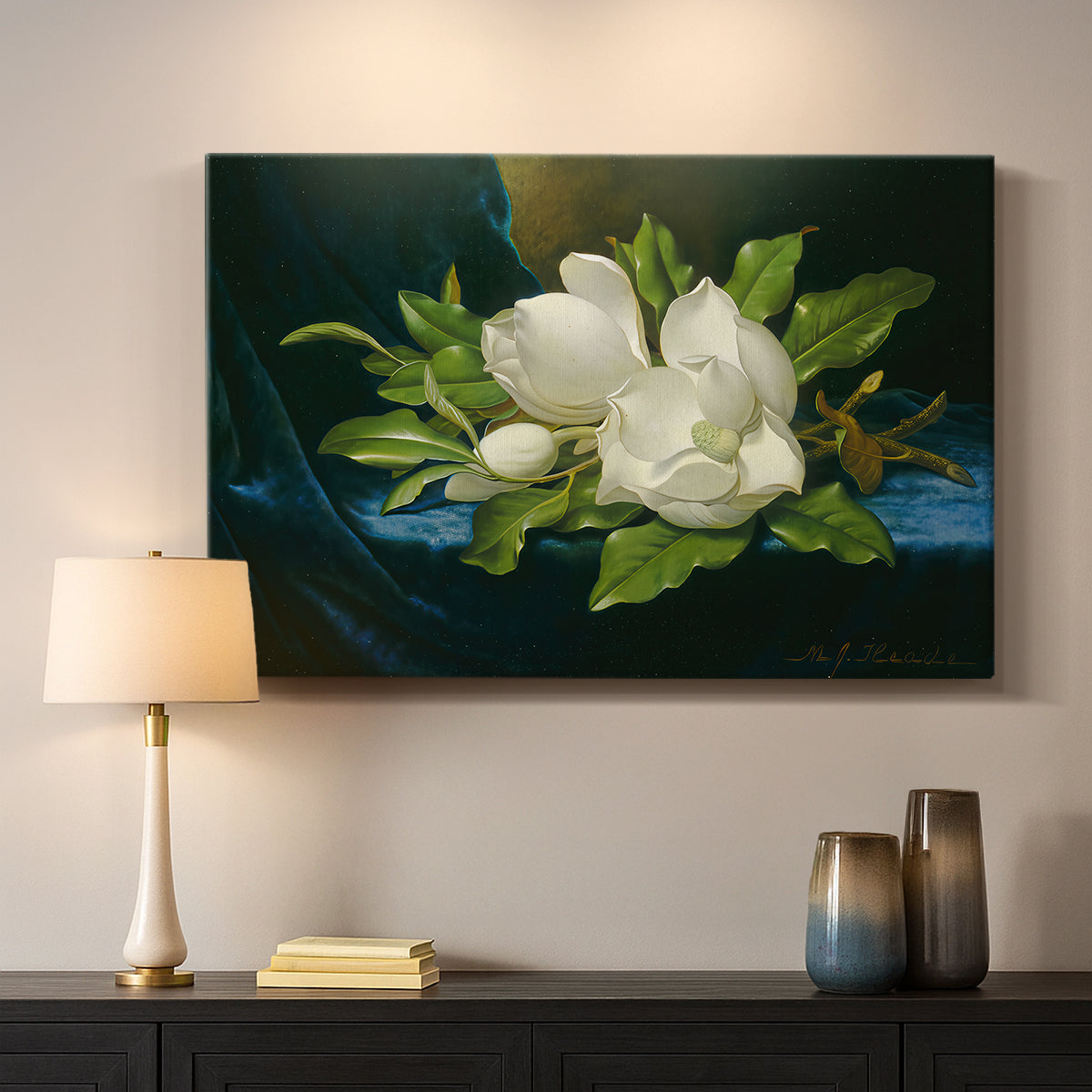 Canvas art print detailing a luminist still life highlighting flowers, mounted in a softly lit interior space