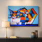 Canvas art print detailing an expressive design with color blocks, mounted in a softly lit interior space