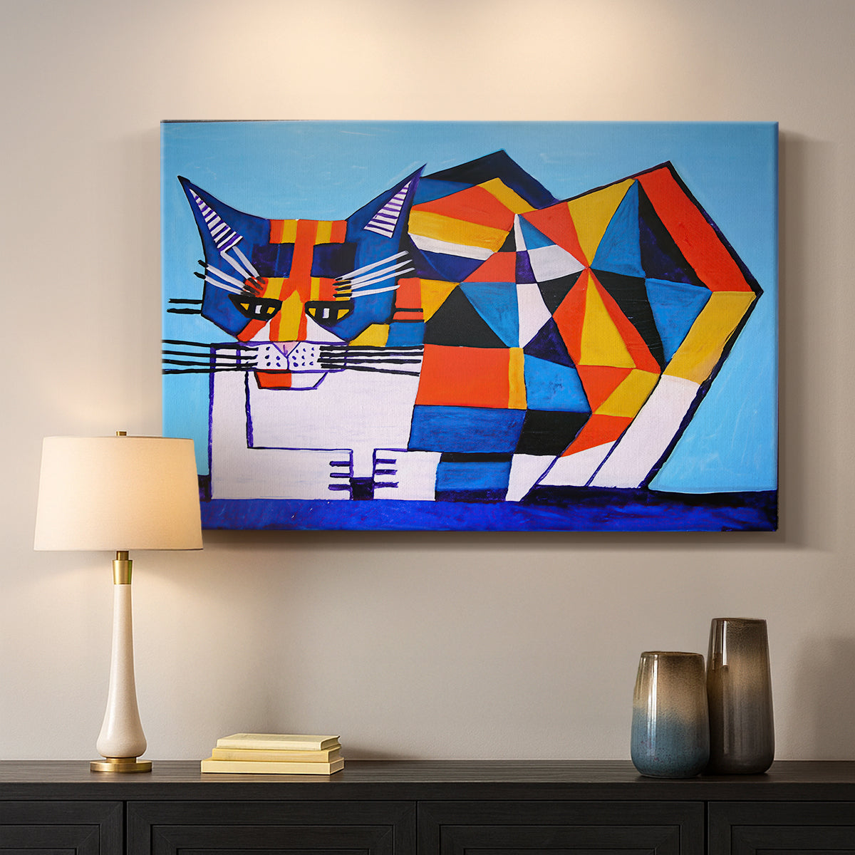 Canvas art print detailing an expressive design with color blocks, mounted in a softly lit interior space