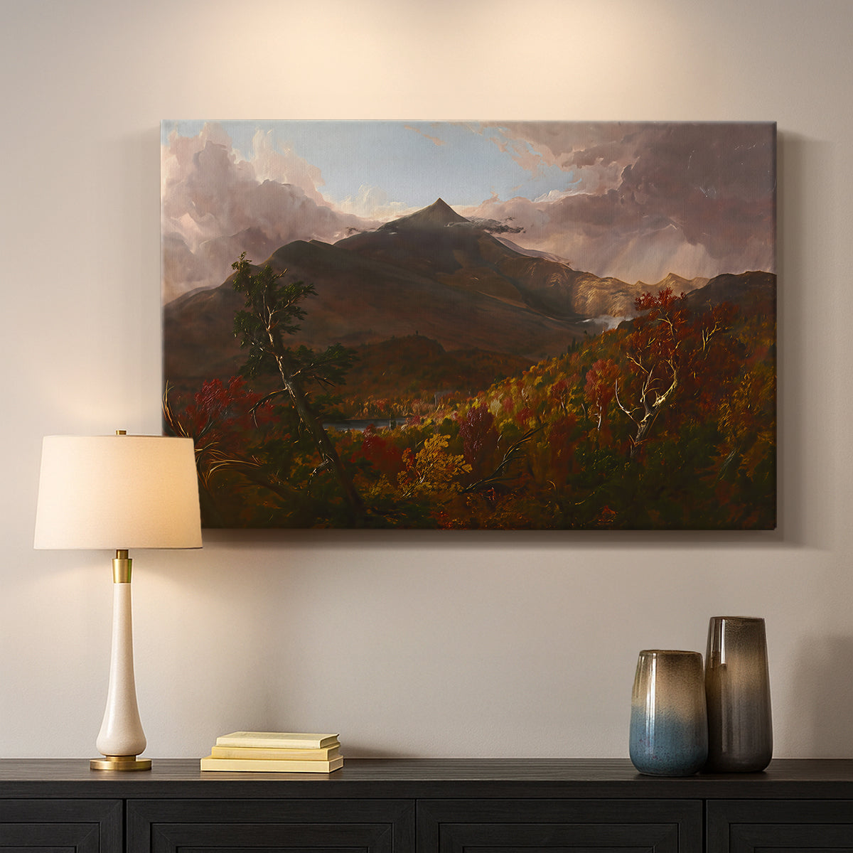 Canvas art print detailing a landscape emphasizing atmosphere and depth, mounted in a softly lit interior space