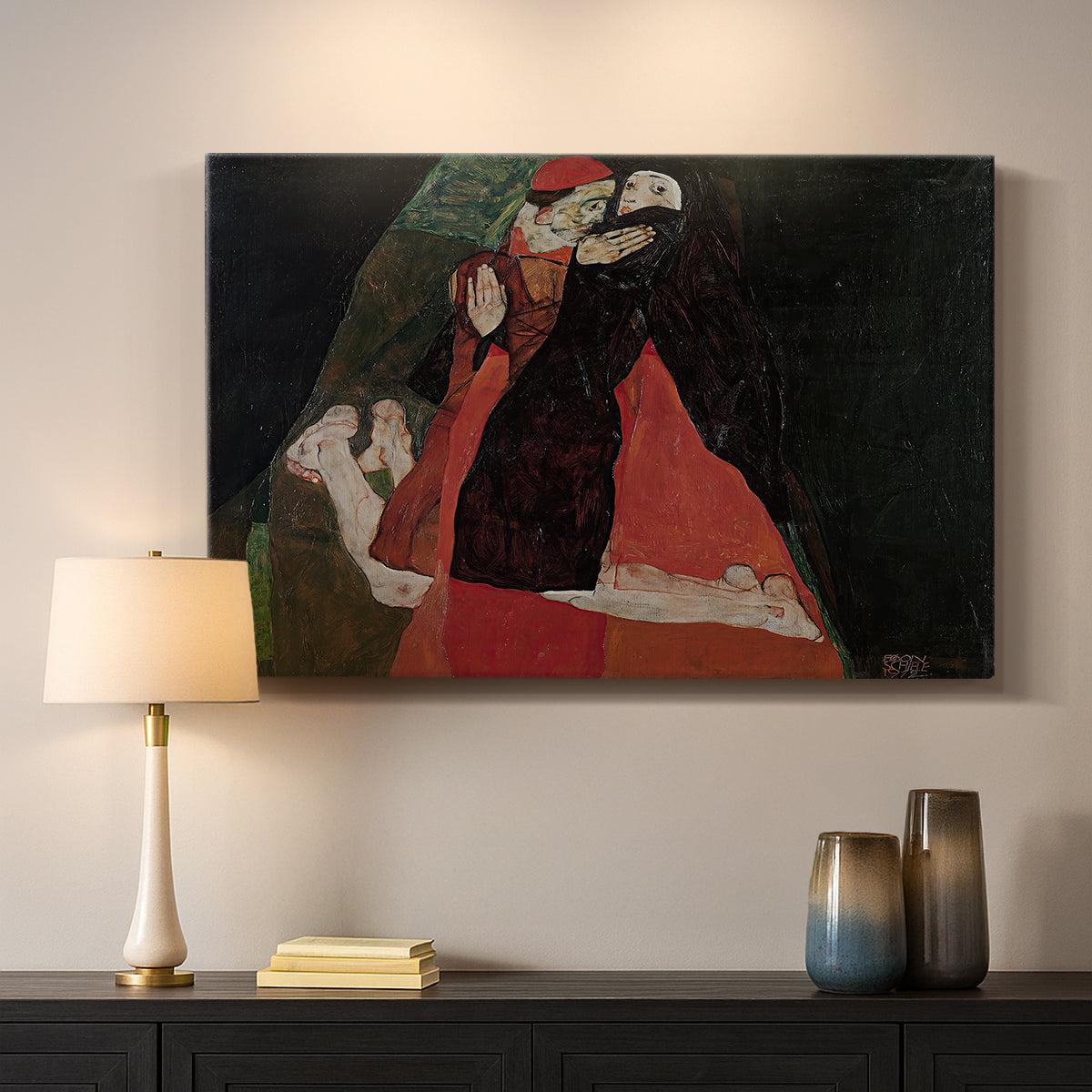 Canvas art print detailing an intimate scene with religious figures in modernist style, mounted in a softly lit interior space