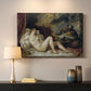 Canvas art print detailing a mythological interior with resting figure and surrounding fabrics, mounted in a softly lit interior space